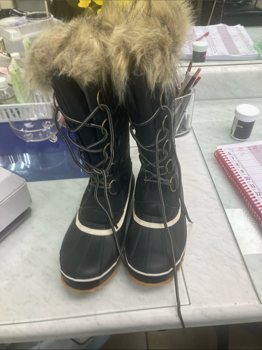 JBU Black Faux Fur-Trim Lace-Up Winter Boots with Tan Sole